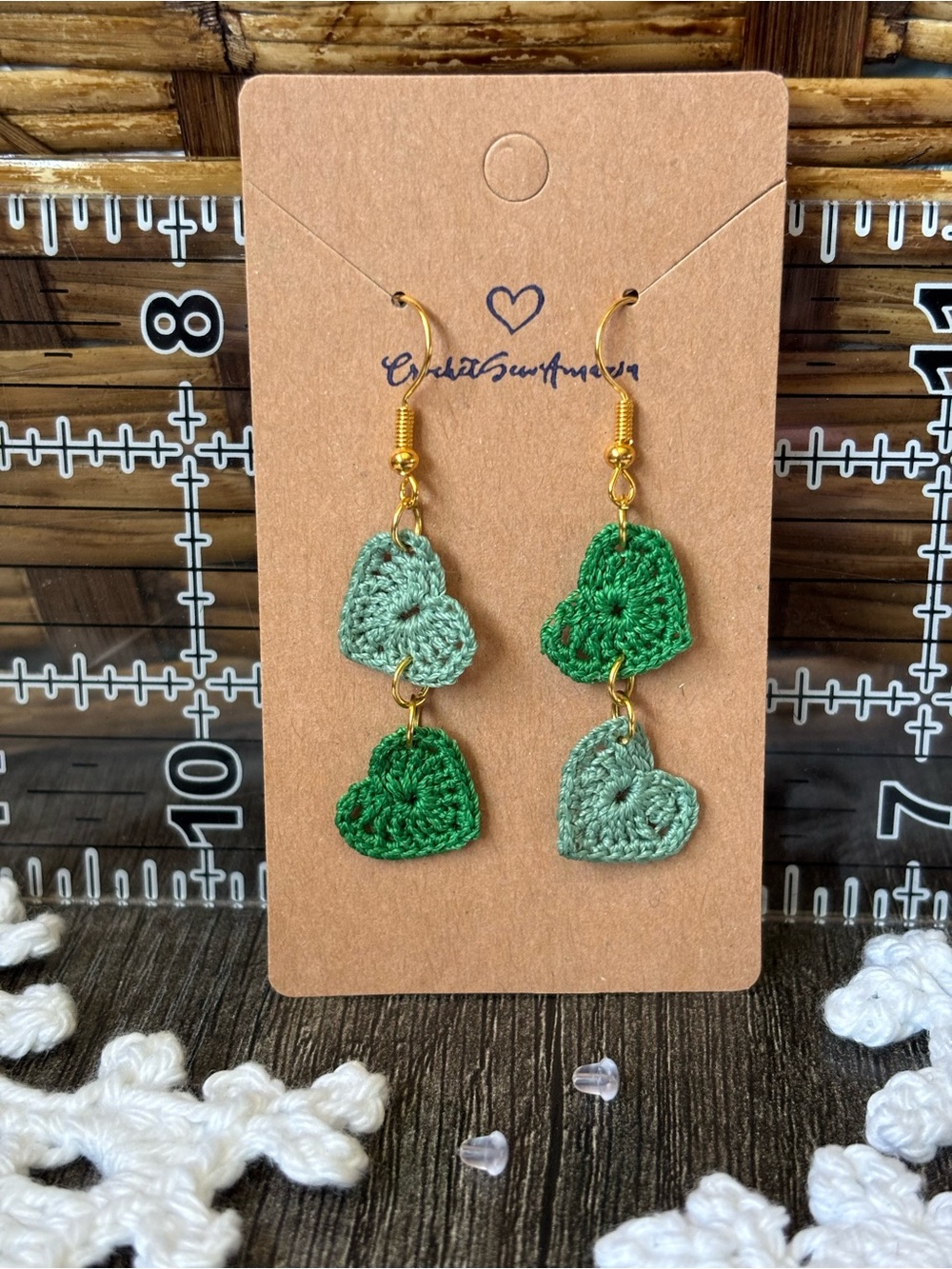 NEW Handmade Crochet Green Heart Dangling Earrings
